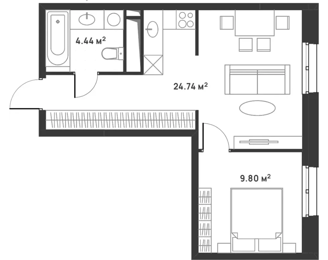Однокомнатная, 38,98 м²