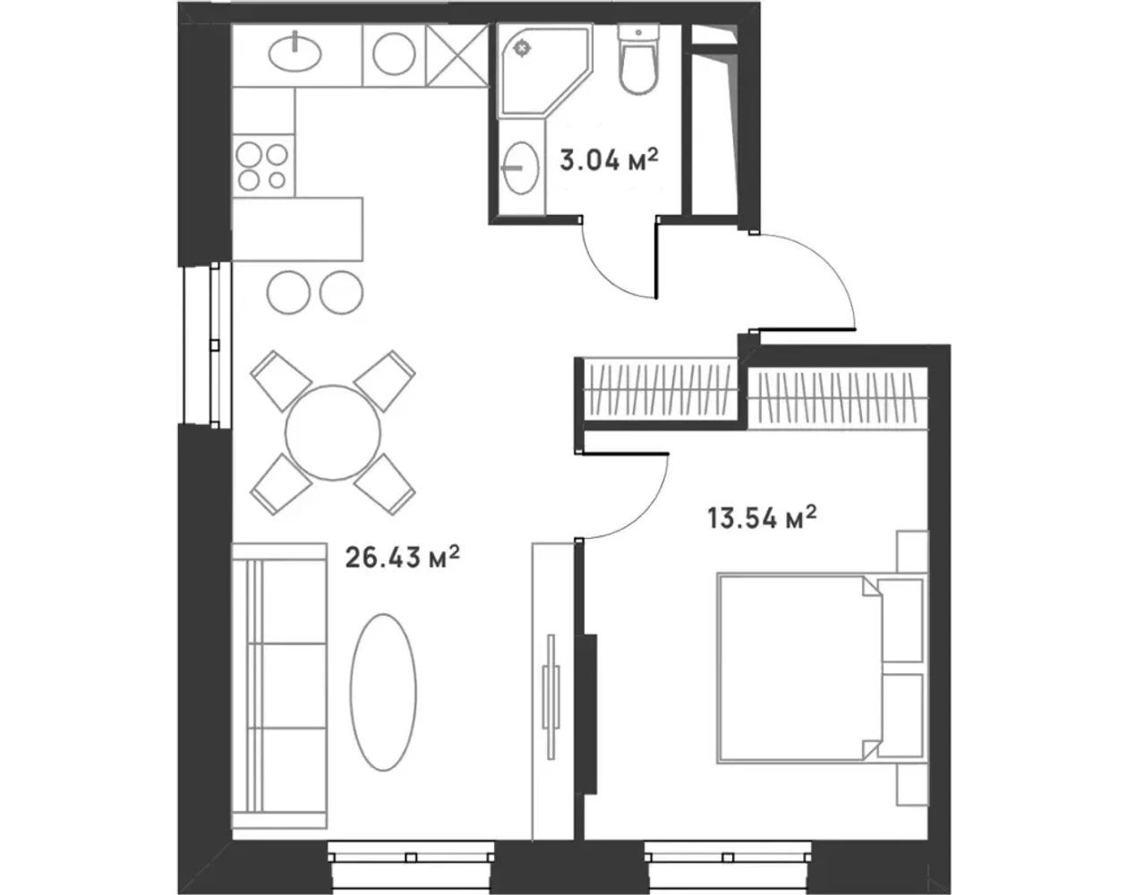 Двухкомнатная (евро), 43,01 м²